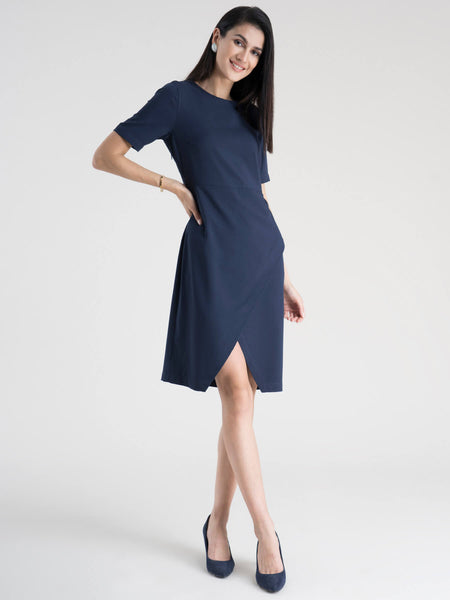 Buy Navy Blue Round Neck Wrap Dress Online | FableStreet